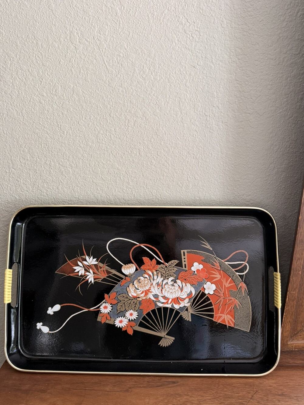 Vintage Toyo Japan Black Lacquer Serving Tray Fan Floral Design 19” x 11”